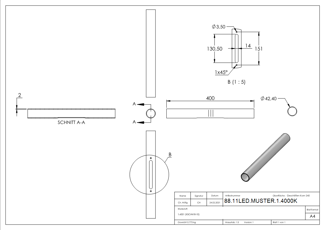 LED Handlauf V2A Ø 42-4x2-0 mm L 400 mm 4000 K Neutralweiss-88-11LED-MUSTER-1.4000K