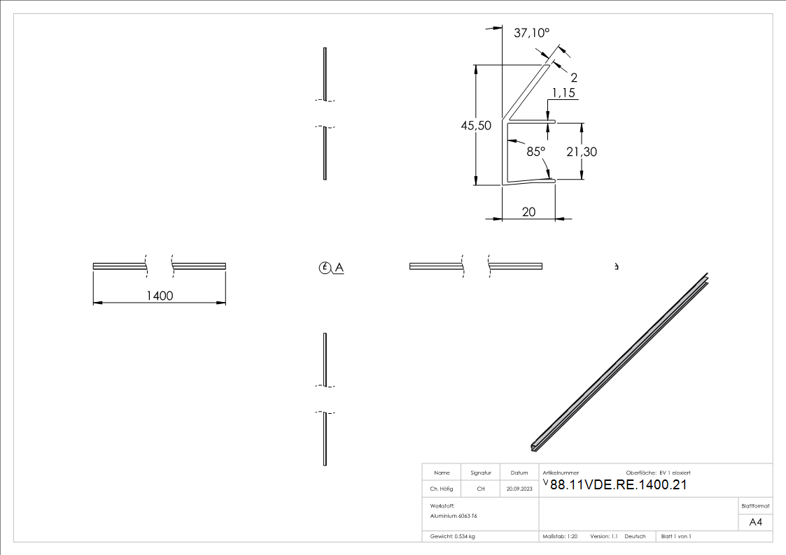 Regenrinne Aluminium fuer Glas 21-52 mm- L = 1400 mm- eloxiert E4-EV1-88-11VDE-RE-1400.21