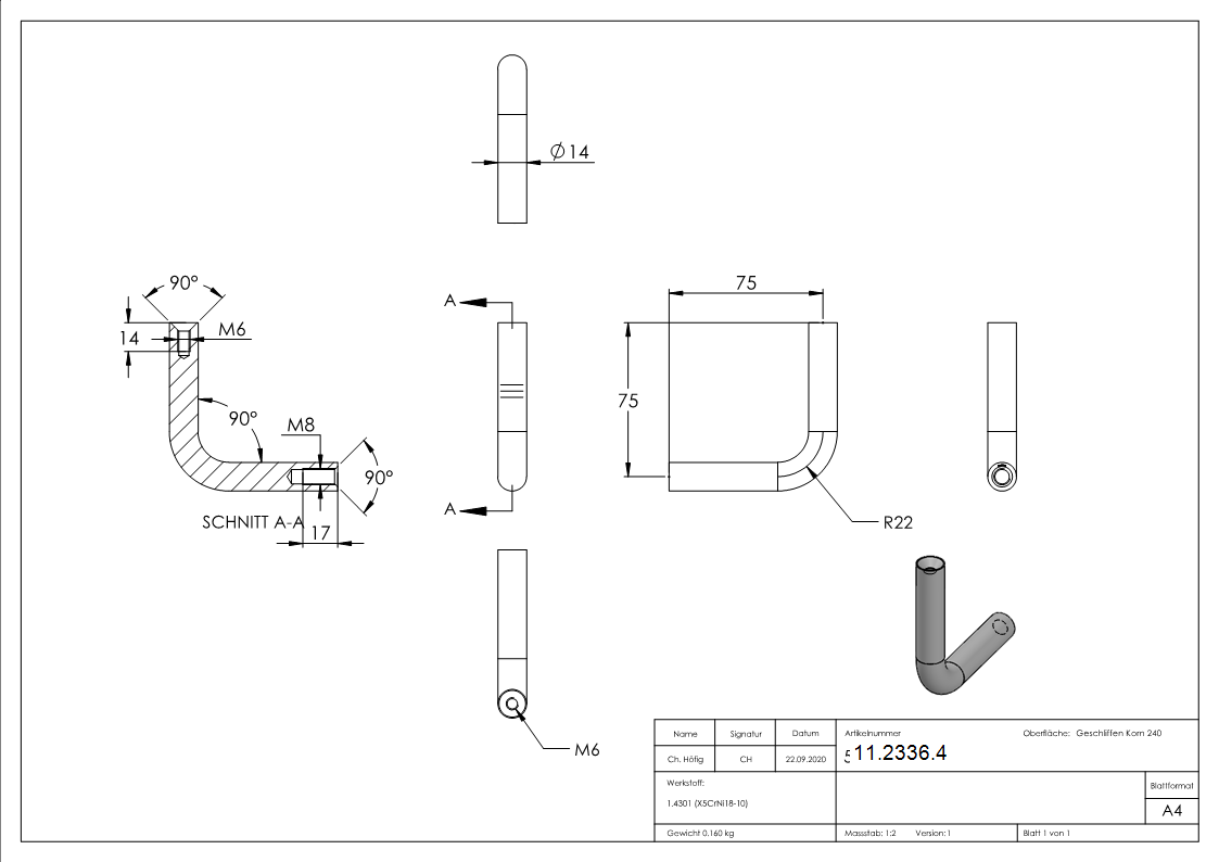 Edelstahl Buegel Ø 14 mm - Kombi-Innengewinde M6-M8 -V2A-11-2336.4