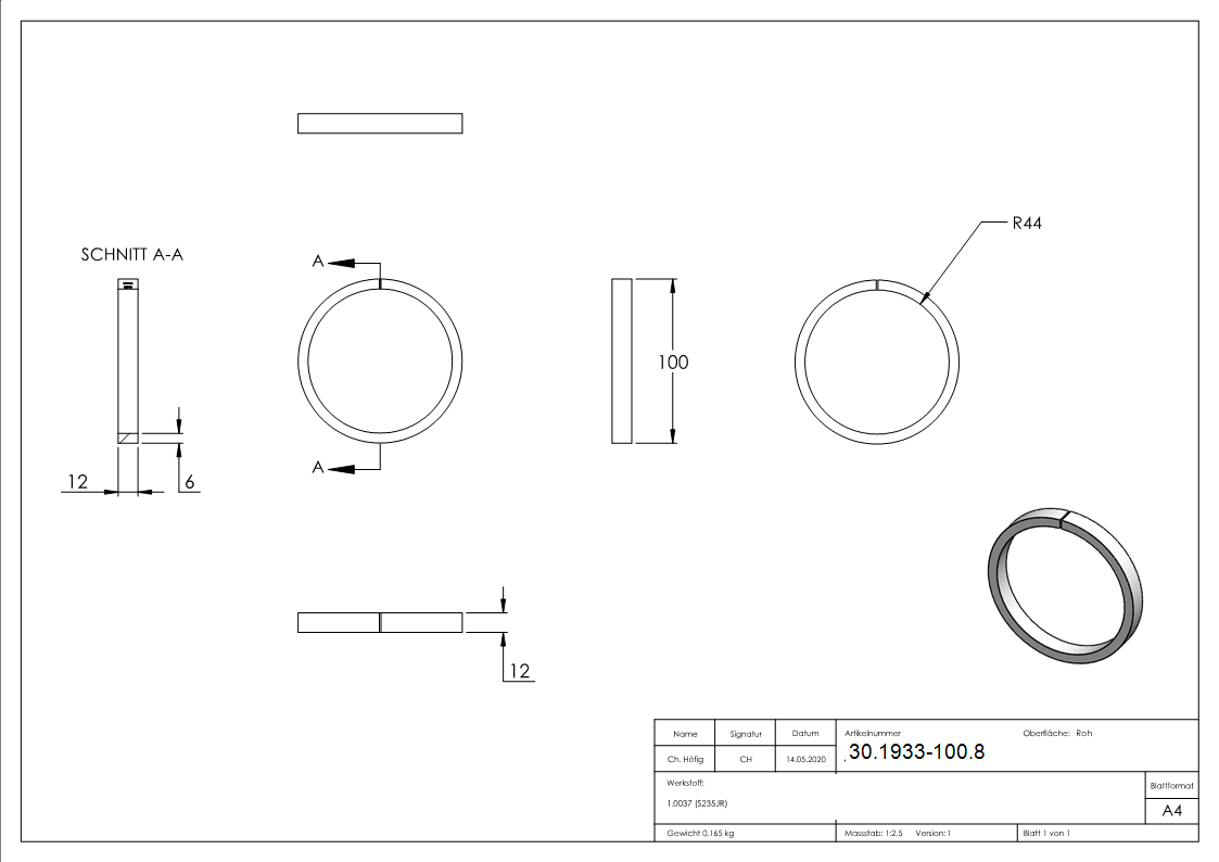 Ring - Material- 12x6 mm - Aussen-Ø 100 mm - Stahl S235JR- roh-30-1933-100.8