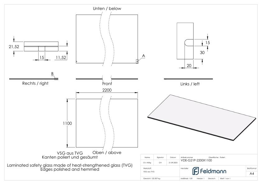 VSG Glas 2x10 mm TVG 1-52 mm PVB 2200x1200 mm Eleganza canopy-88-11VDE-G21P.2200X1200