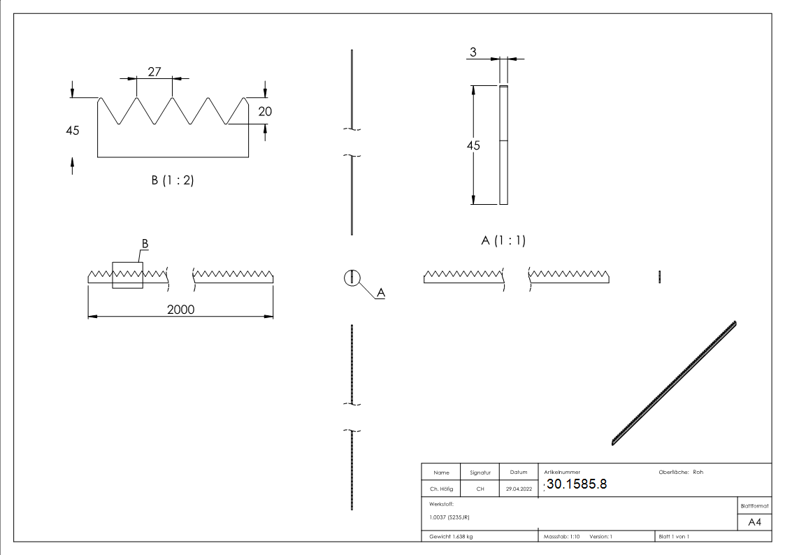 Zackenleiste Laenge- 2000 mm Material- 3 mm Stahl S235JR- roh-30-1585.8