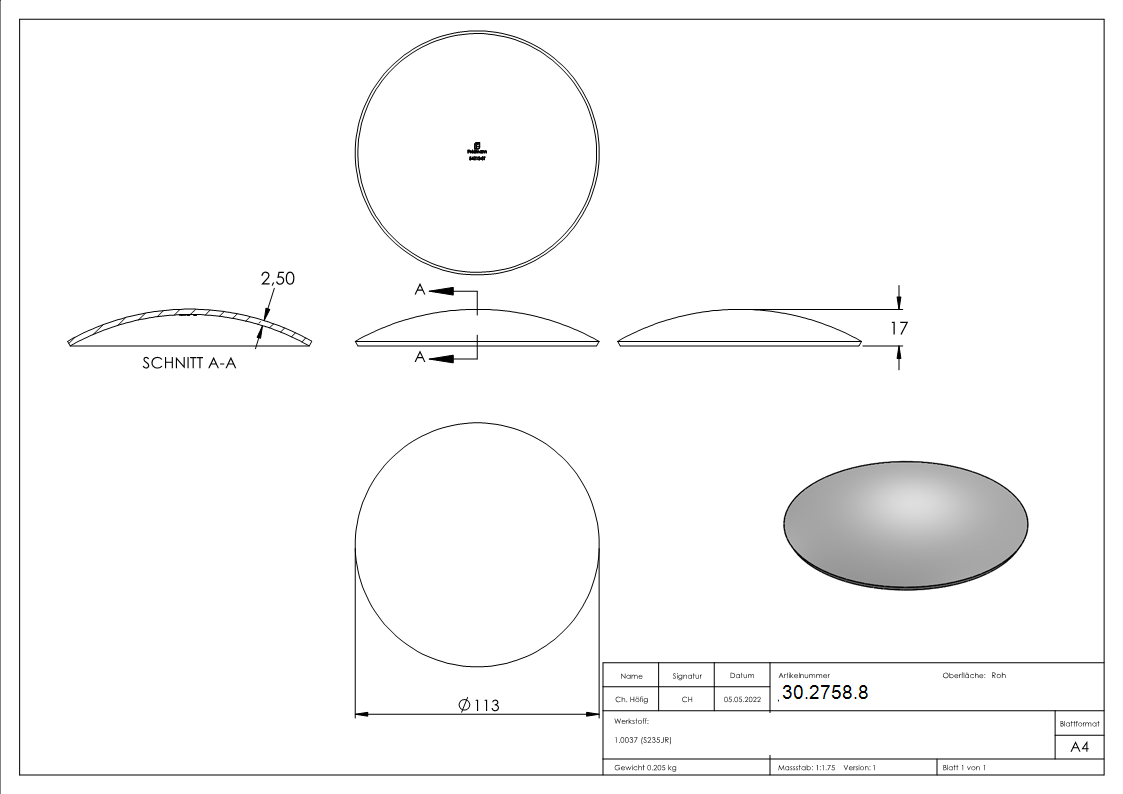 Klopperboden Rohrabschluss Ø 113-0x2-5 mm Stahl roh Hoehe- 17 mm-30-2758.8