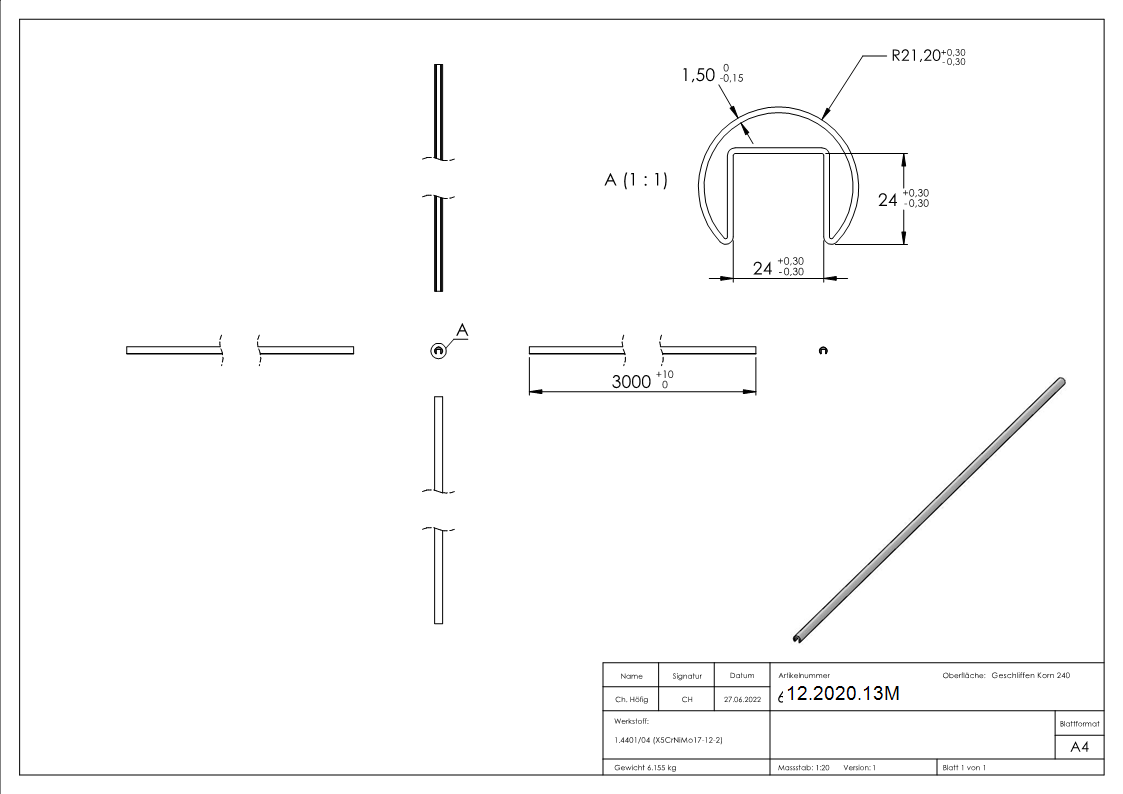Nutrohr Ø 42-4x1-5 mm mit Nut- 24x24 mm Laenge- 3000 mm V4A Edelstahl-12-2020.13M