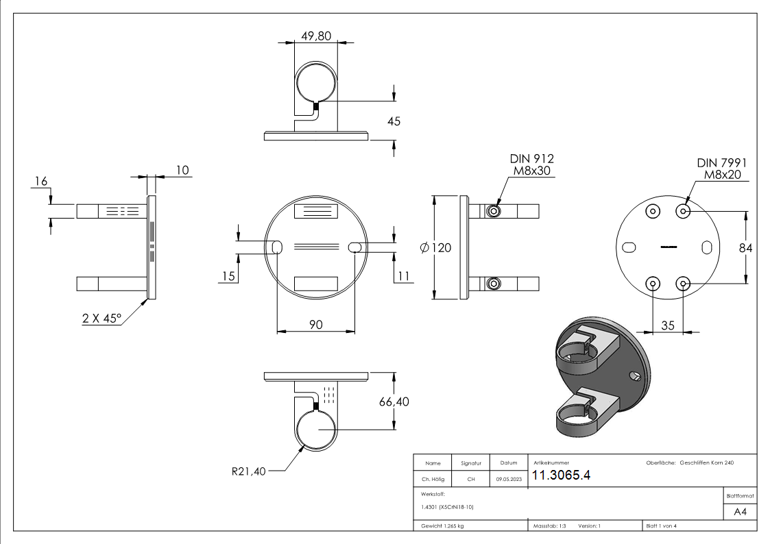 Wandbefestigung  Masse- 120x10 mm zum Spannen fuer Gelaenderpfosten Ø 42-4 mm - V2A-11-3065.4