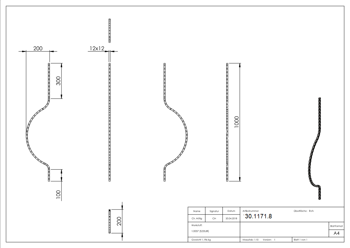 Bauchstab - Laenge- 1000 mm - Material- 12x12 mm - Stahl S235JR- roh-30-1171.8