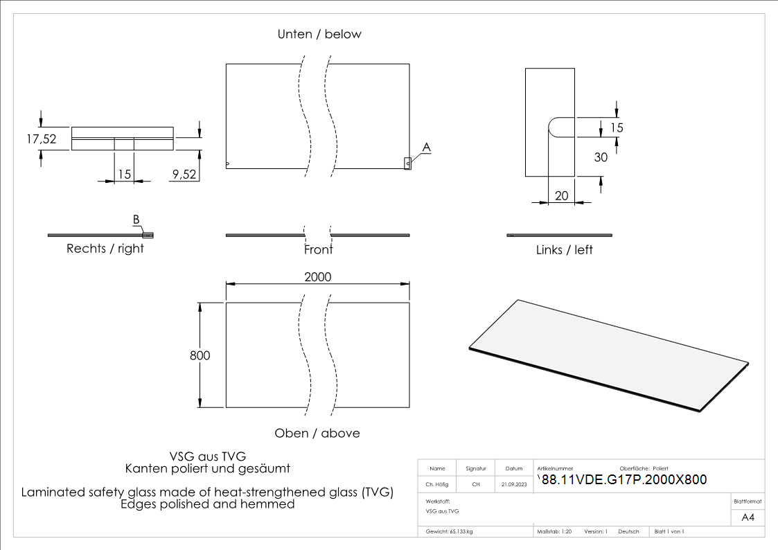 Eleganza canopy Glas- 2000x800mm VSG aus 2x8mm TVG mit 1-52mm PVB-88-11VDE-G17P.2000X800