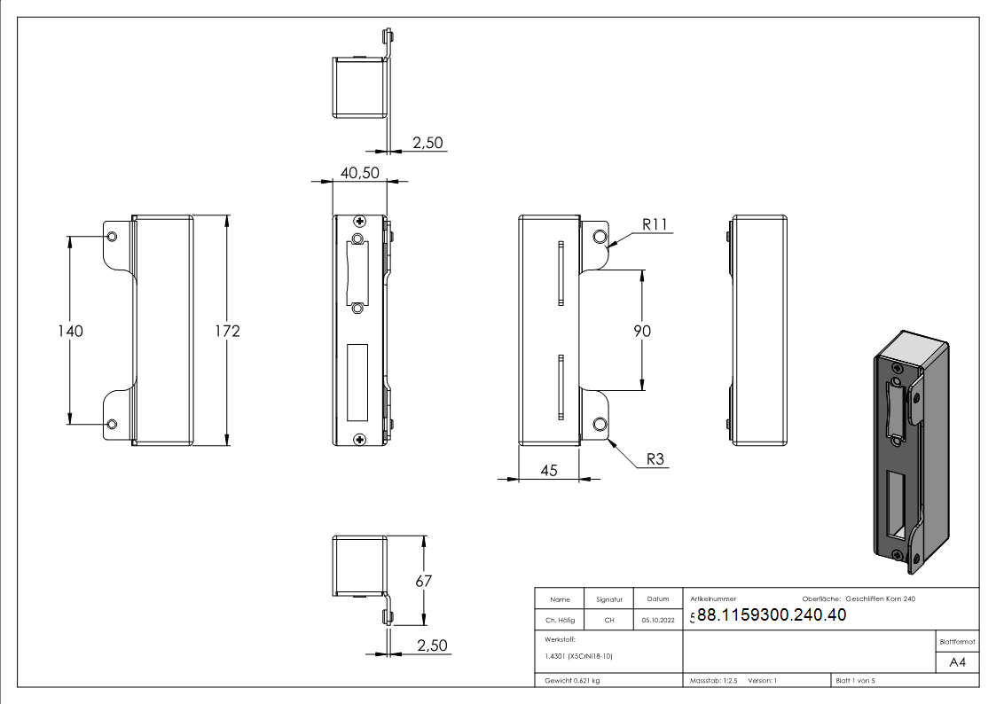 Gegenkasten zum Anschweissen- 40mm- V2A-88-1159300-240.40