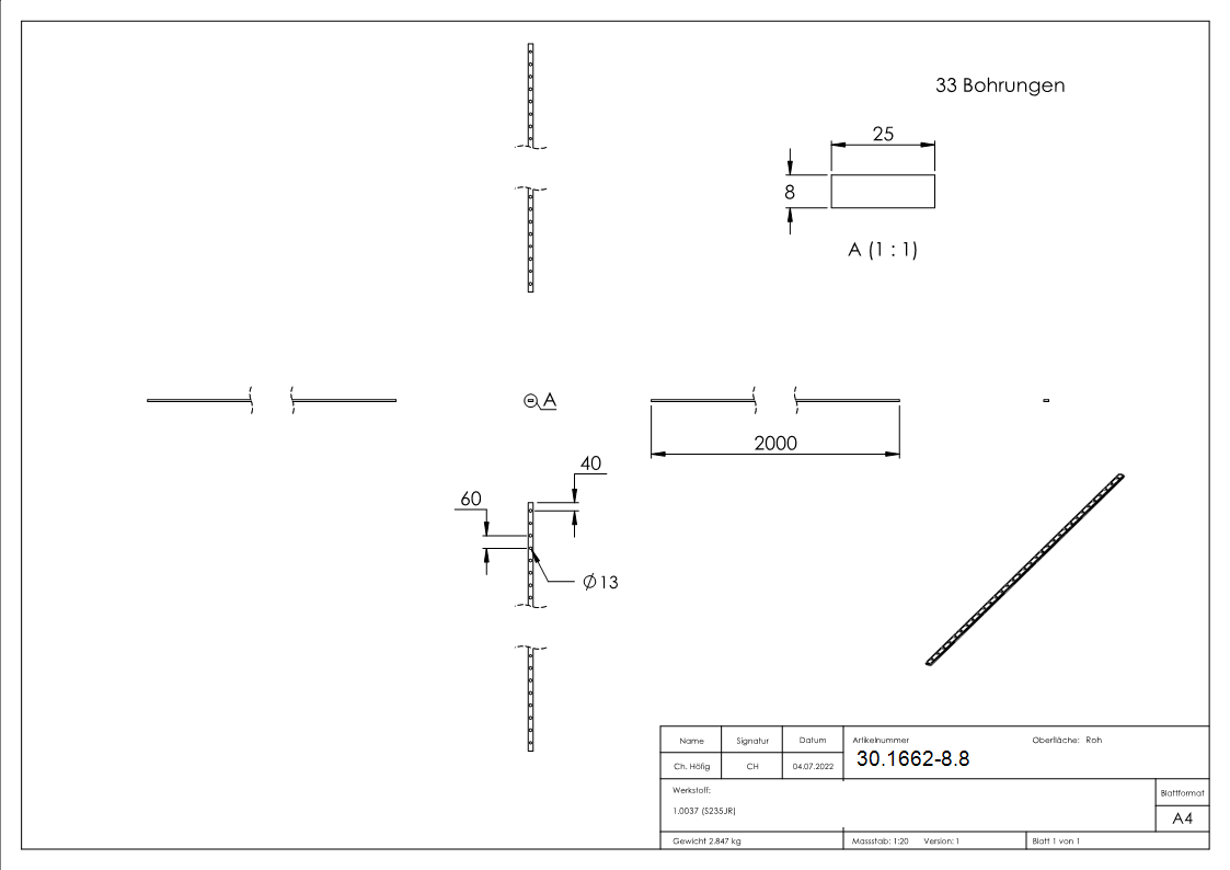 Flacheisen gelocht Laenge- 2000 mm 33 Lochungen Stahl -Roh- S235JR-30-1662-8.8
