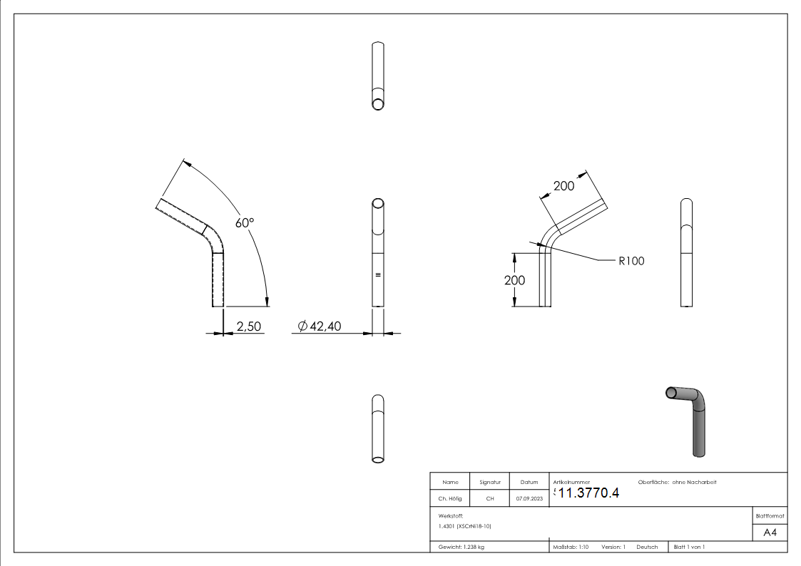 Bogen 60° zum Schweissen aus Rundrohr- Ø 42-4x2-6 mm V2A-11-3770.4