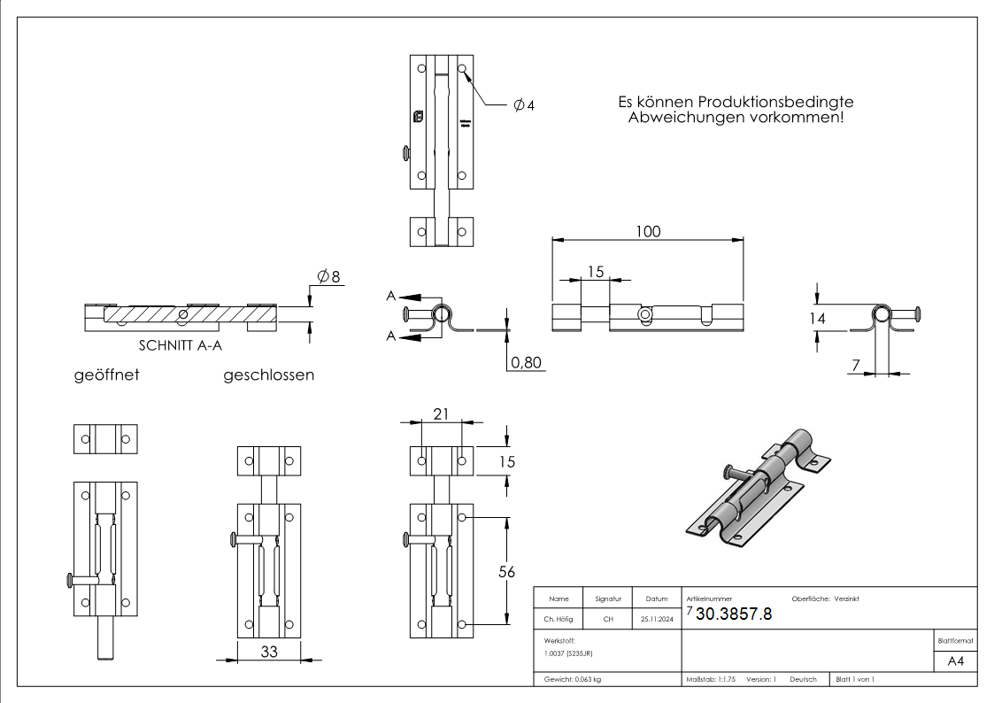 Torriegel - Laenge- 100 mm - verzinkt - zum Anschrauben-30-3857.8
