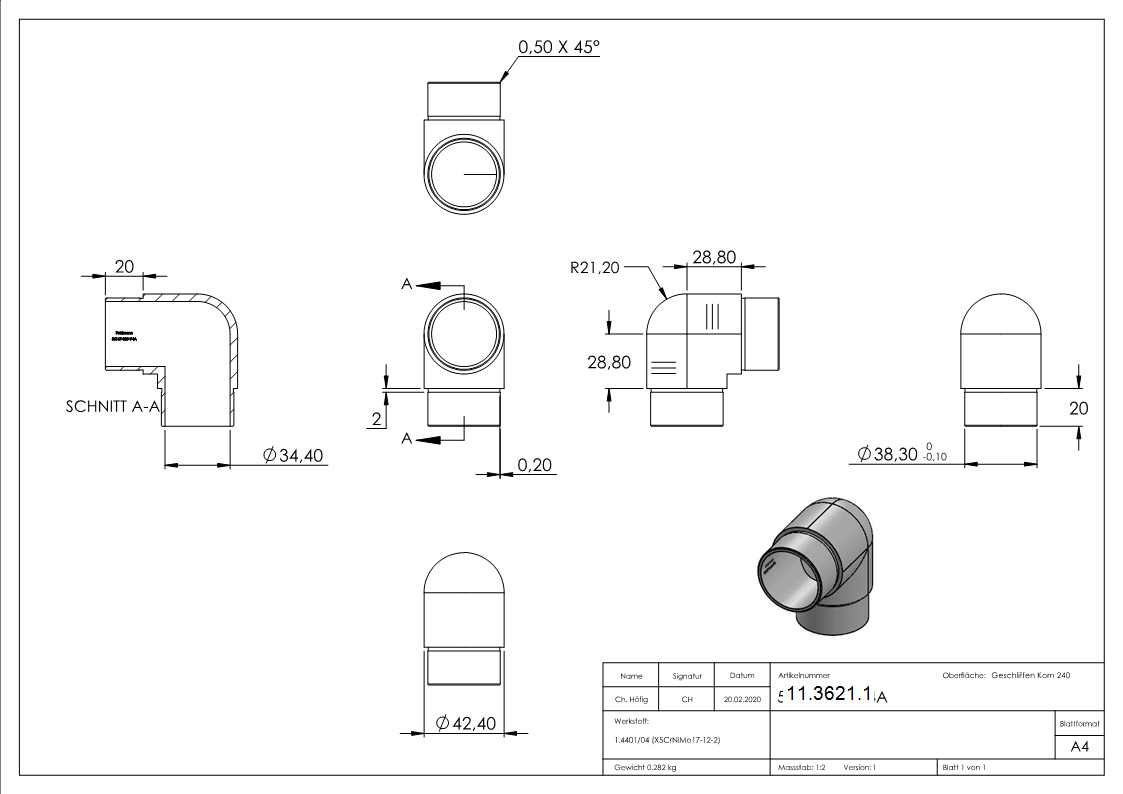 Rohrbogen V4A 42-4 x 2-0 mm 90° eng zum Stecken-11-3621.1