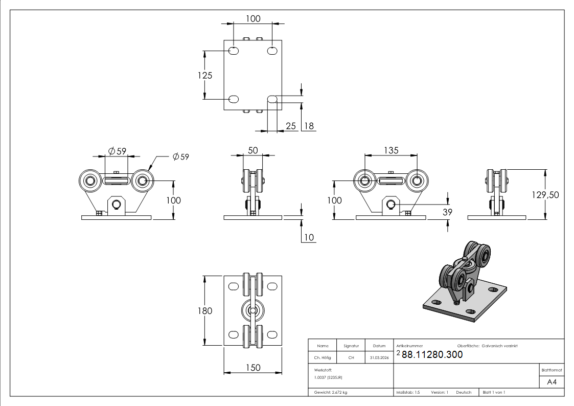 Rollenbock Stahl galvanisch verzinkt fr Schiebetore bis 300 kg- 5 m Durchfahrtslichte-88-11280.300