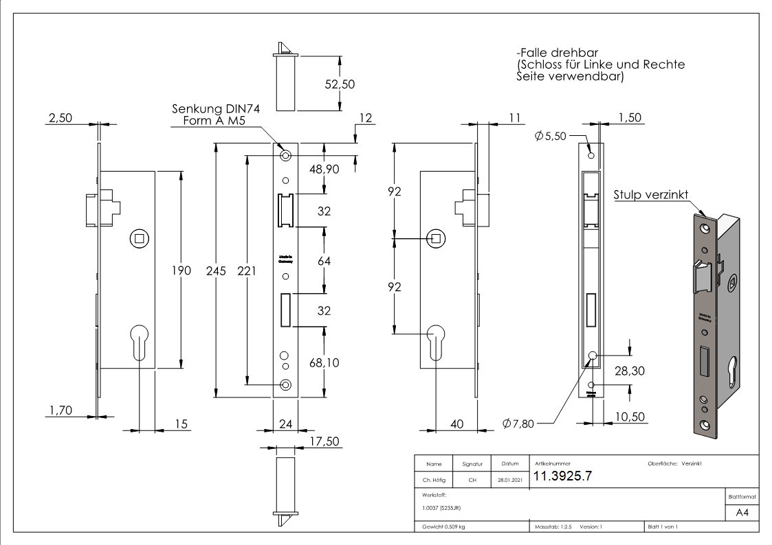 Rohrprofilschloss - Dornmass- 40 mm - Stahl -verzinkt- S235JR-11-3925.7