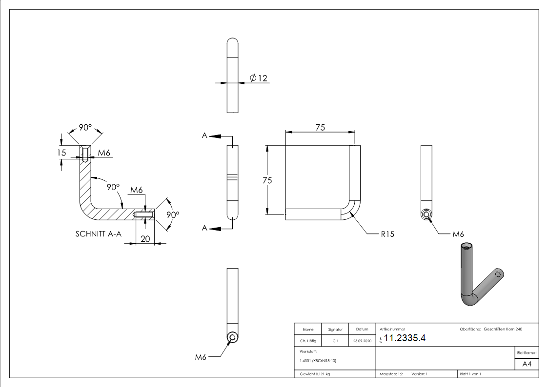 Edelstahl Buegel Ø 12 mm - 2x M6 Innengewinde -V2A-11-2335.4
