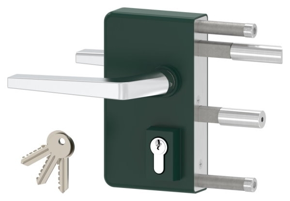 Gittertorschloss GTS 2 fuer Rohrstaerke 60-80mm- montagefertiges Set- moosgruen-88-1156704-ALU.6005