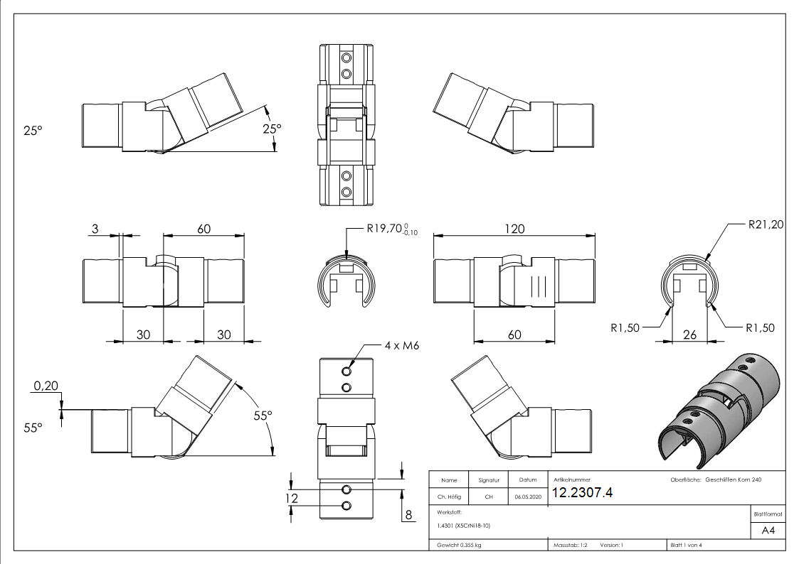 Verbinder flexibel - aufwaerts 25-55° - fuer Nutrohr Ø 42-4 mm - V2A-12-2307.4