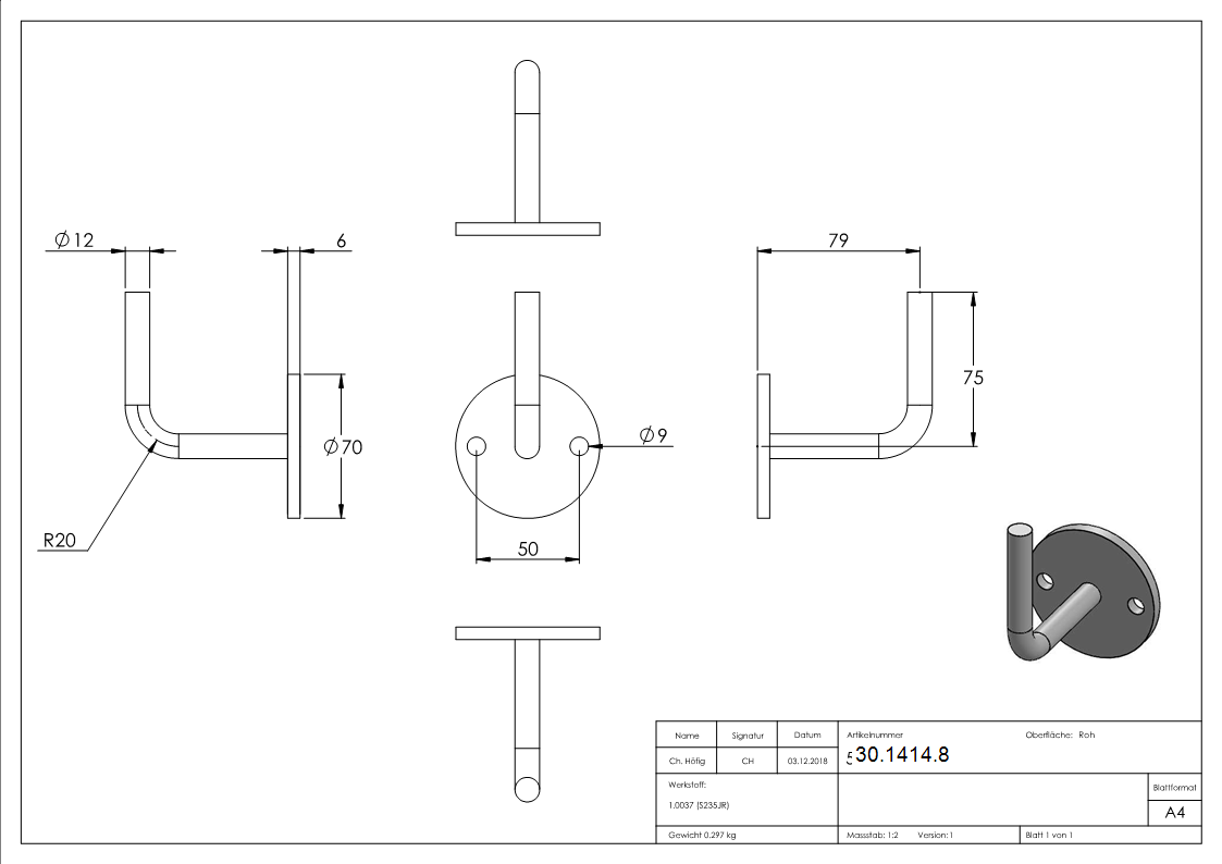Handlaufhalter - mit Ronde 70x6 mm - zum Anschweissen - Stahl S235JR- roh-30-1414.8