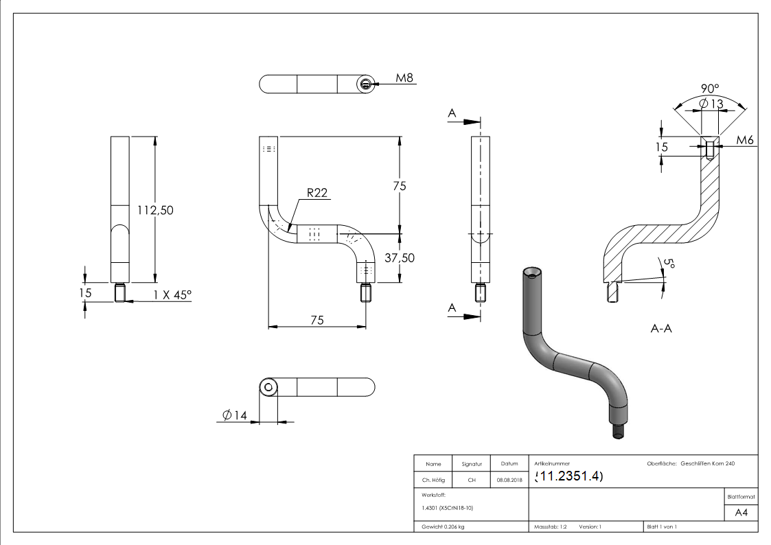 Edelstahl Buegel Ø 14 mm gebogen - mit M8 Aussen- - M6 Innengewinde -V2A-11-2351.4