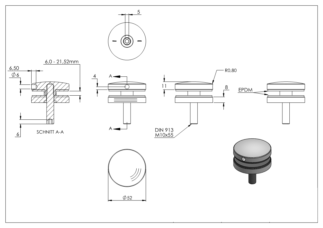 Glaspunkthalter Ø 52 mm fuer Anschluss- flach - Ø 48-3 mm V2A - V4A-10-GPH52-1.1
