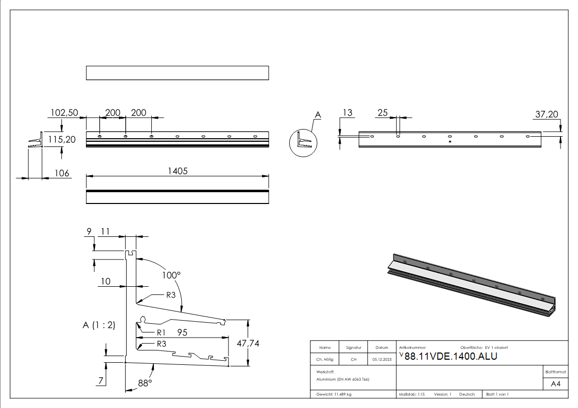 Vordachprofil eleganza canopy- L=1405mm- E4-EV1-88-11VDE-1400.ALU