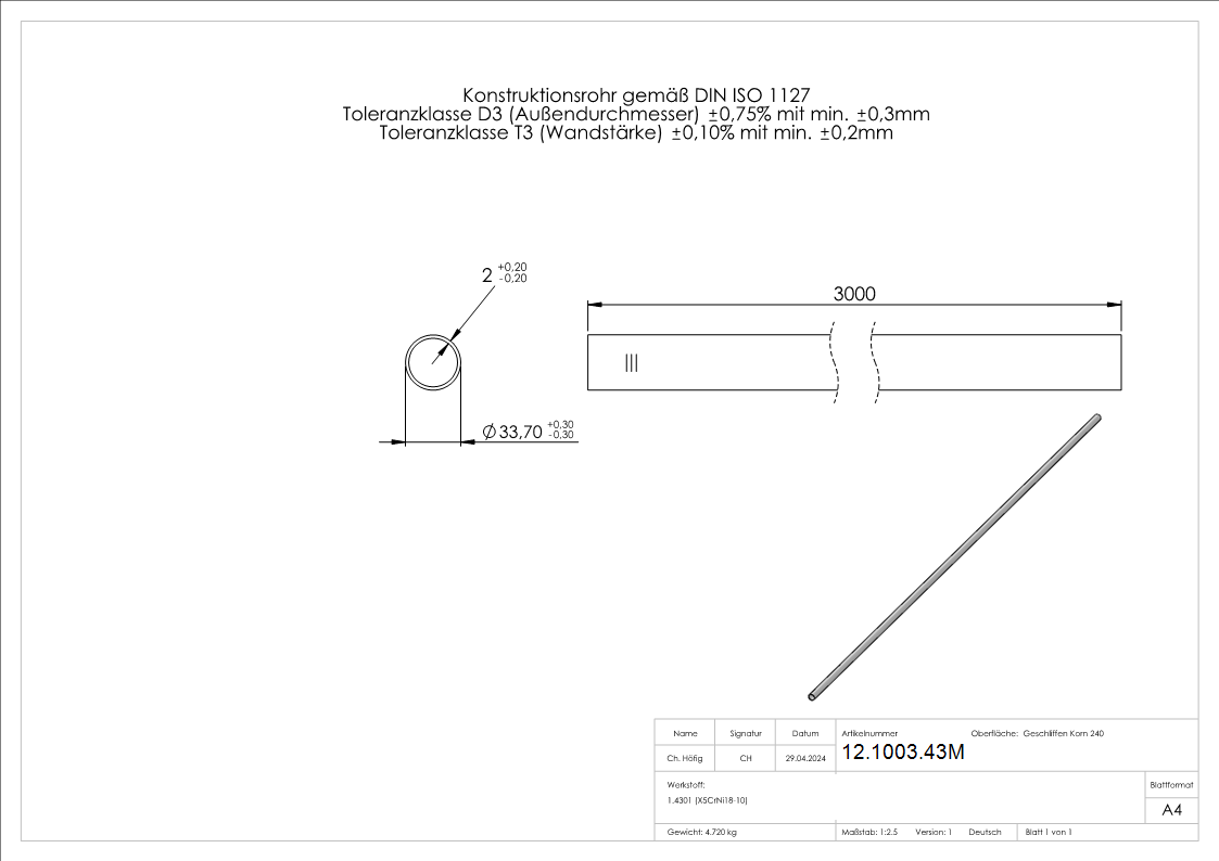 Rundrohr Ø 33-7x2-0 mm á 3 m V2A Edelstahl-12-1003.43M