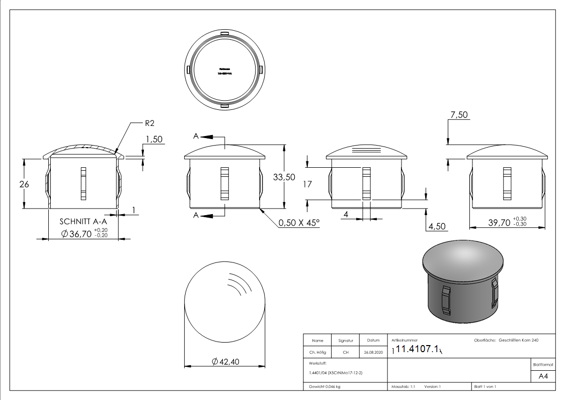 Rohrstopfen fuer Ø 42-4x2-0-2-5 mm leicht gewoelbt zum Einschlagen- V4A-11-4107.1