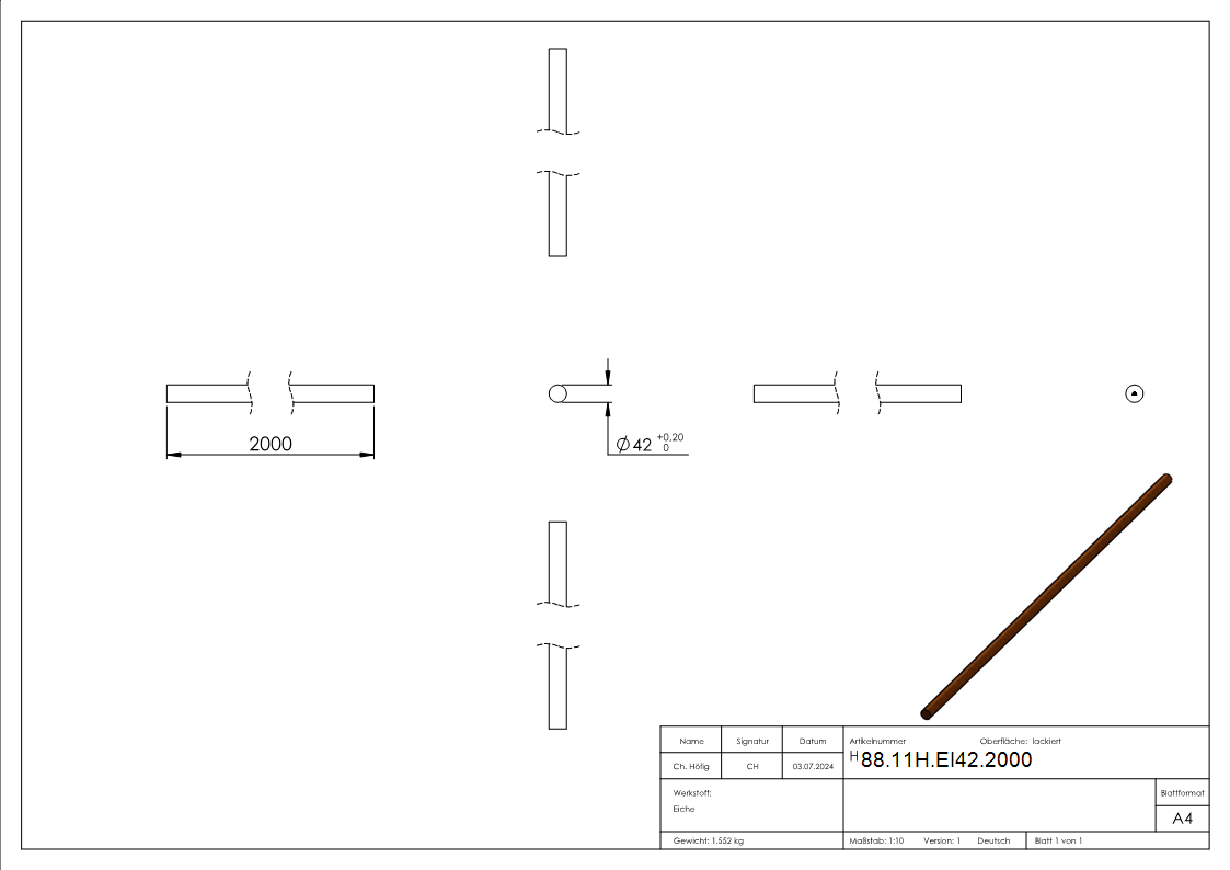 Holzhandlauf Eiche- Ø 42-4mm- L- 2m-88-11H-EI42.2000