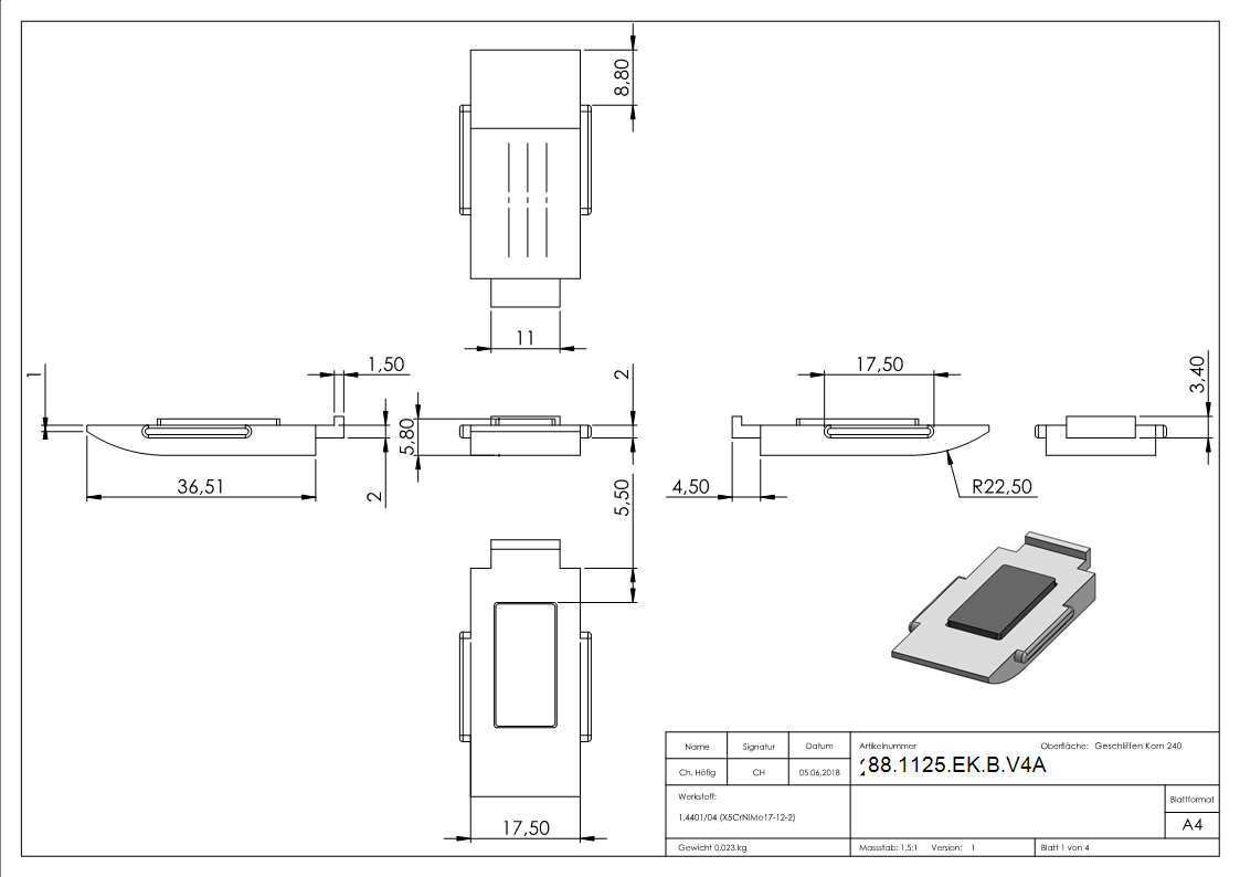 Sicherungsboden Edelstahl V4A -1-4401-04- fuer Endklemme Mod- 25-88-1125-EK-B.V4A