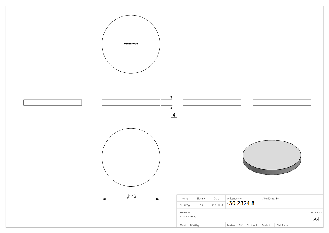 Ronde - Ø 42x4 mm - Stahl S235JR- roh-30-2824.8