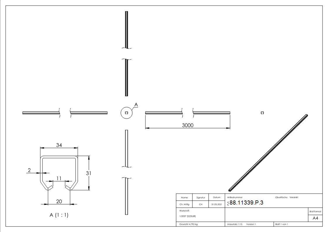 Laufschiene fr Hngetore Stahl galvanisch verzinkt L = 3000 mm klein-88-11339-P.3