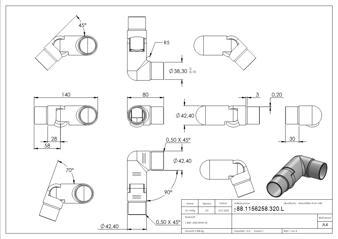 Gelenkstueck V2A fuer Rohr Ø 42-4 x 2-0 mm links geschliffen zum Stecken-88-1156258-320.L