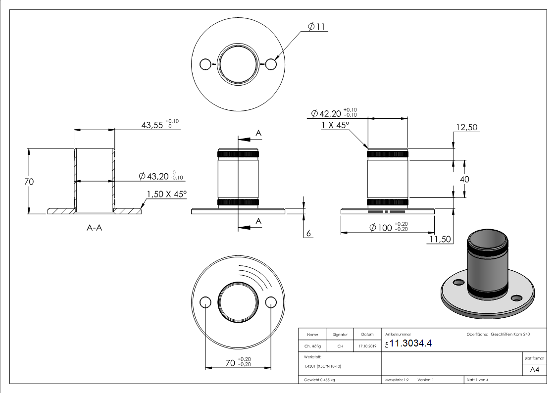 Wand- und Bodenanker mit Raendelung  Masse-  Ø 100x6mm fuer Ø 48-3x2-5 mm - V2A-11-3034.4