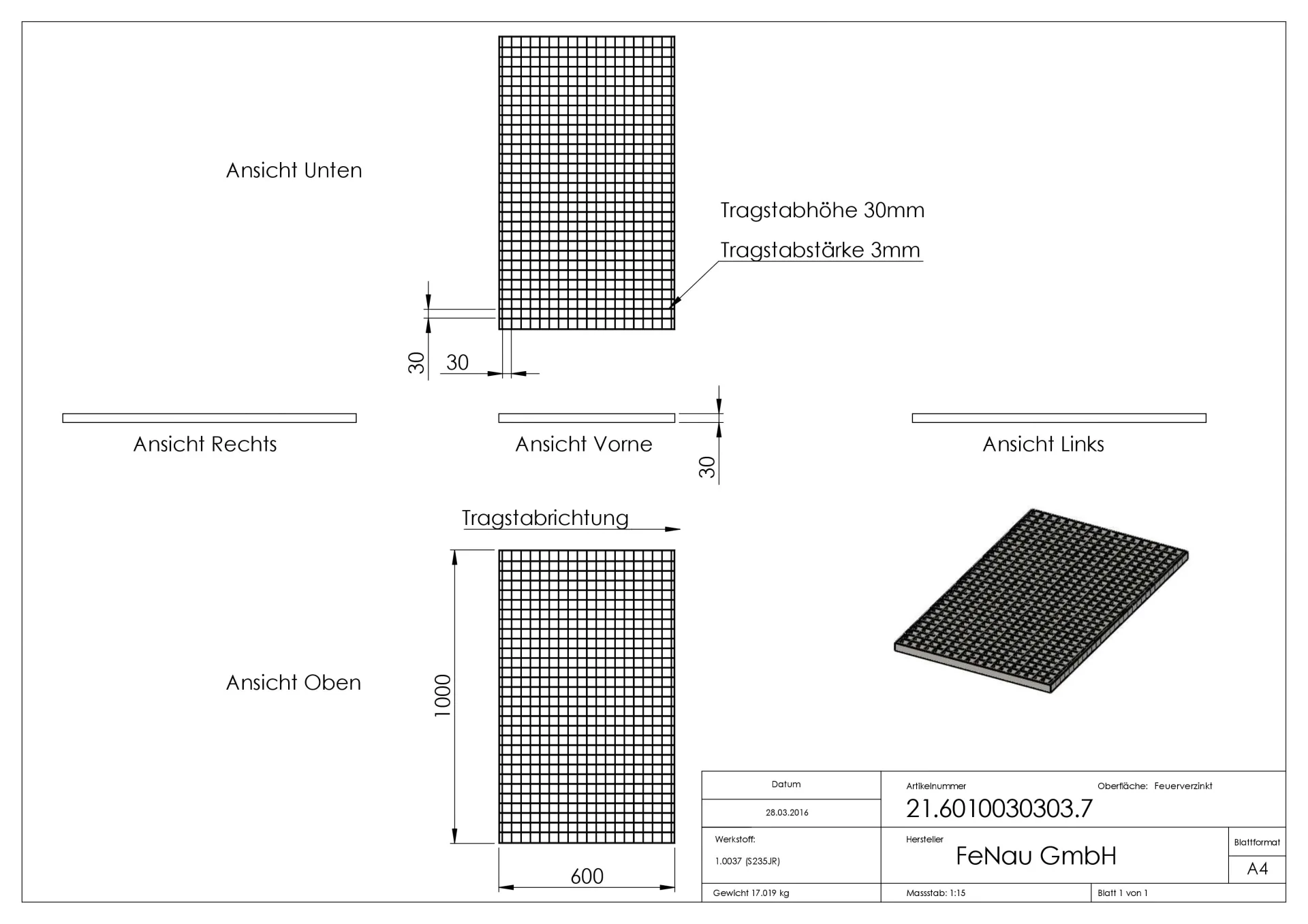Industrie-Gitterrost - Masse- 600x1000x30 mm; MW 30-30 mm; 30-3 mm - S235JR -St37-2- im Vollbad feuerverzinkt-21-6010030303.7