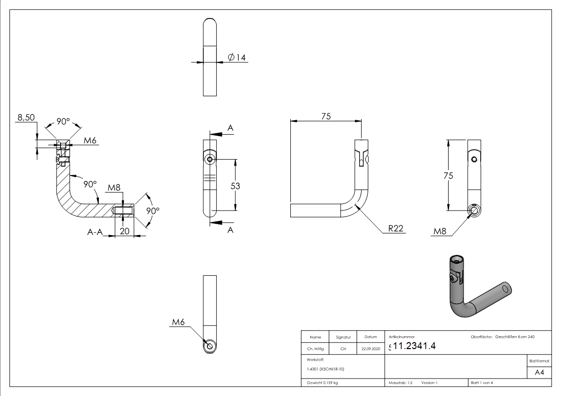 Edelstahl Gelenkbuegel Ø 14 mm - Kombi-Innengewinde M6-M8 -V2A-11-2341.4