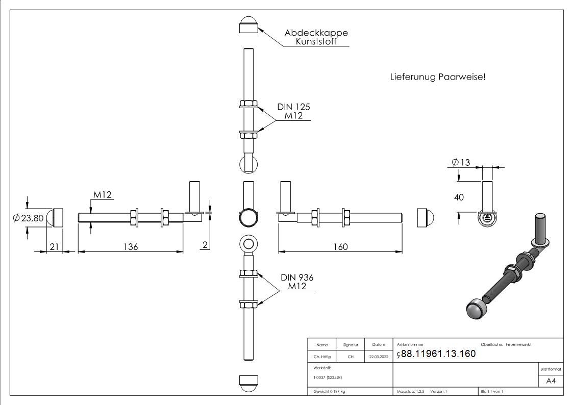 Einhaengeband Torband zum Durchschrauben fuer Ø 13mm- Laenge 160mm-88-11961-13.160