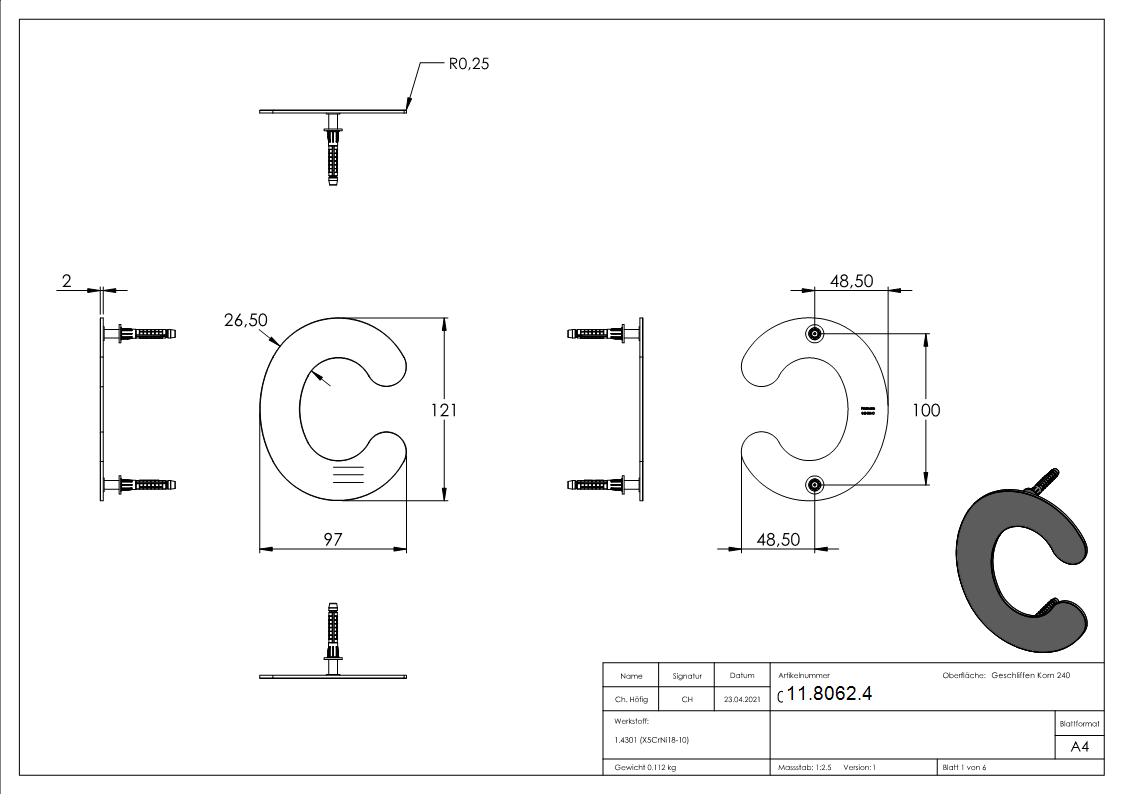 Buchstabe c - klein - Masse- 110 mm x 155 mm - V2A-11-8062.4