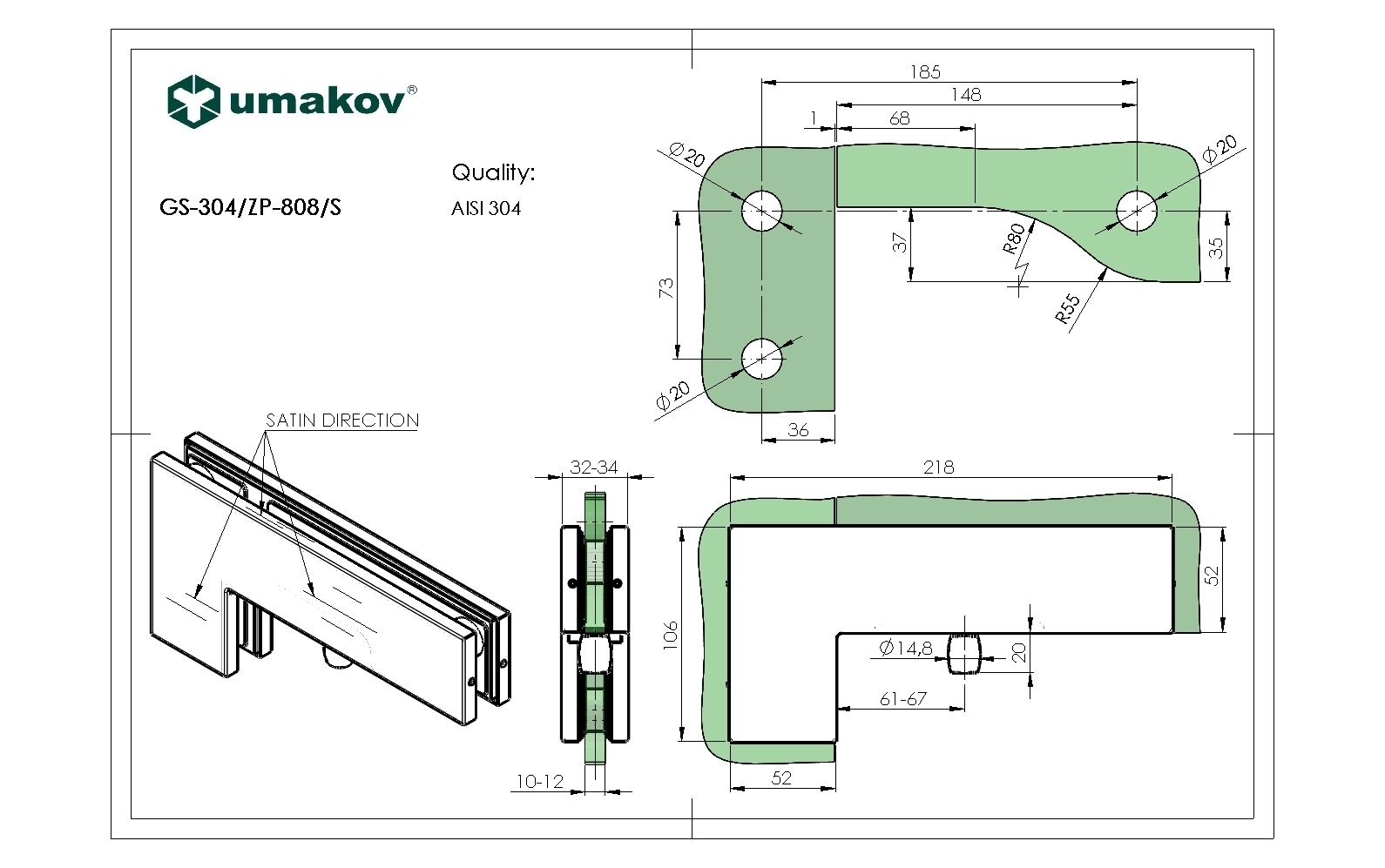 Edelstahl Eckzapfenbeschlag fuer Glastuer -10-12mm- Seiten-Oberlicht- geschliffen-89-11GS304ZP808S-A.4