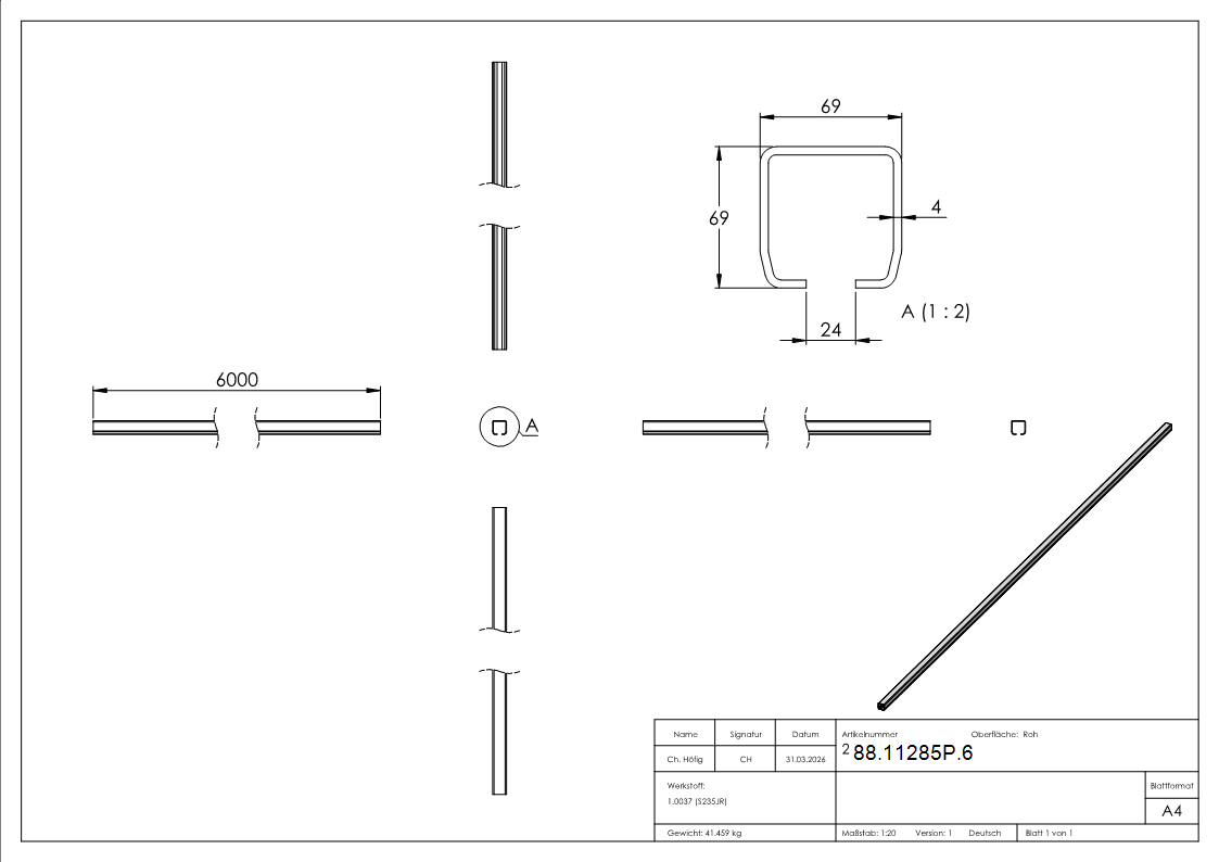 Schiebetorlaufschiene Stahl 67 x 67 x 4-0 mm L = 6000 mm unverzinkt roh-88-11285P.6