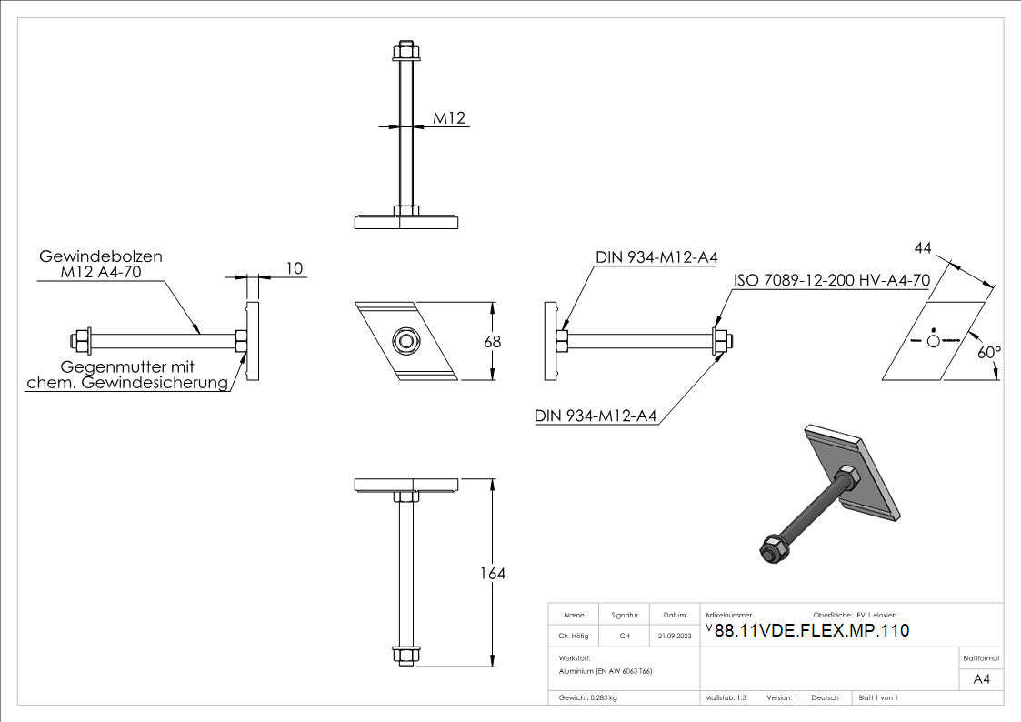 Montageplatte Edelstahl L=164 mm fuer Daemmblock 110 mm FLEX-MOUNT PRO-88-11VDE-FLEX-MP.110