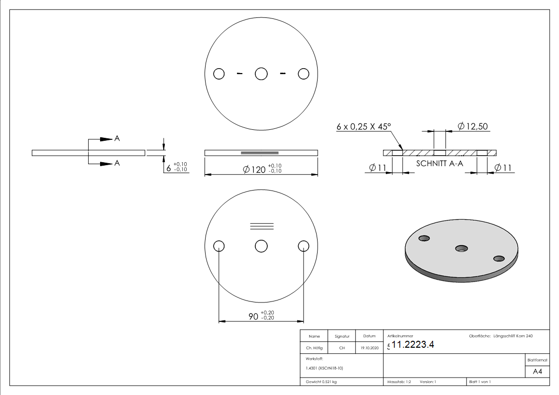 Ankerplatte Ø 120 x 6 mm mit Zentrierbohrung- Ø 12-5 mm V2A-11-2223.4