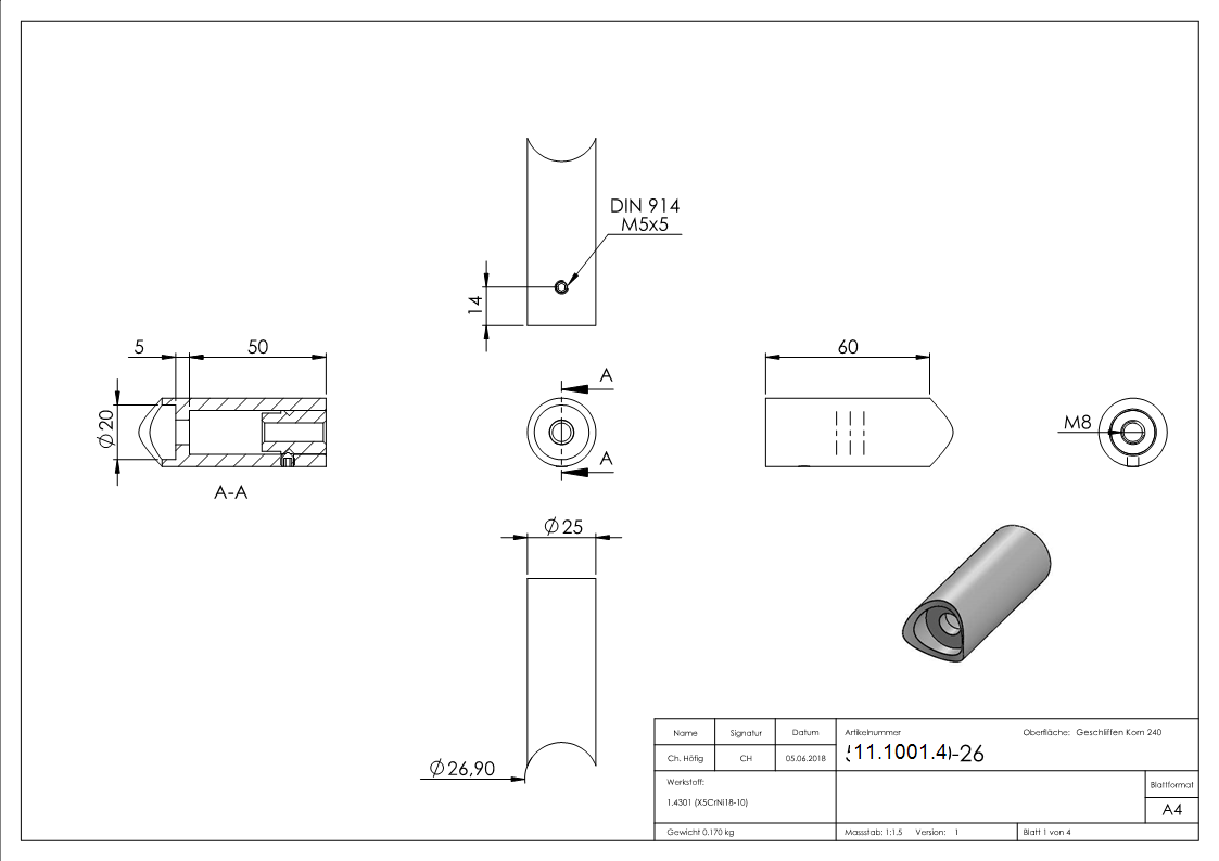 Rohrabstandshalter fuer Tueren Stossgriffe fuer Ø 26-9 mm V2A-11-1001.4