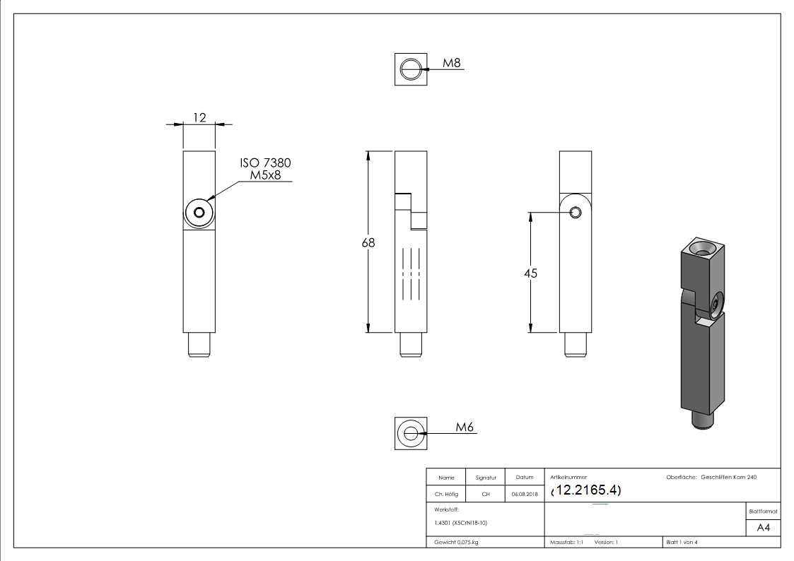 Vierkant Edelstahl Traegerstift Ø 12x12 mm mit Gelenk- Aussen- und Innengewinde V2A-12-2165.4