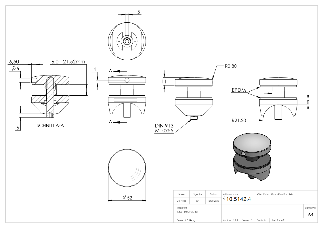 Glaspunkthalter Ø 52 mm- V2A- Anschluss- Rohr Ø 42-4 mm-10-5142.4