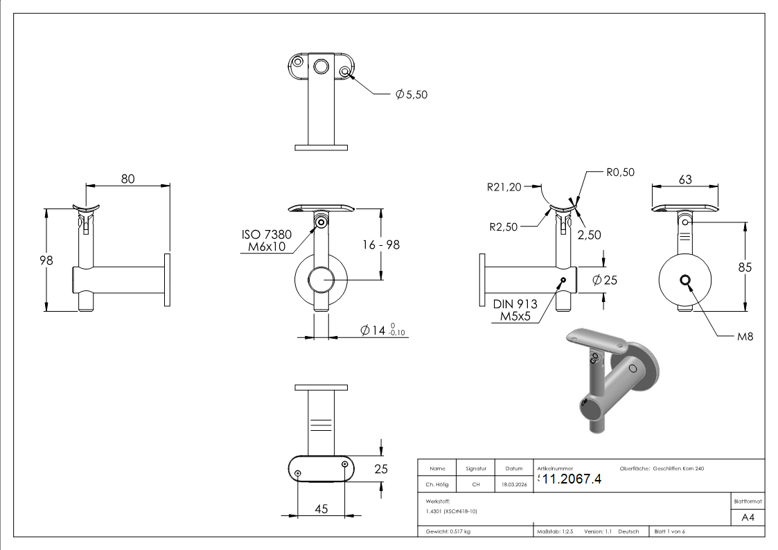 Handlaufhalter V2A fuer Rohr 42-4 mm- Wandabstand 80 mm- Ronde Ø 50 mm- mit Gelenk-11-2067.4