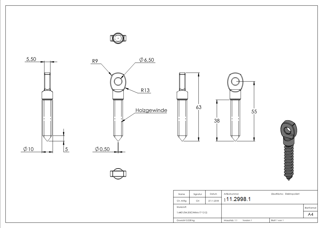 Augenschraube mit Holzgewinde M8 V4A-11-2998.1