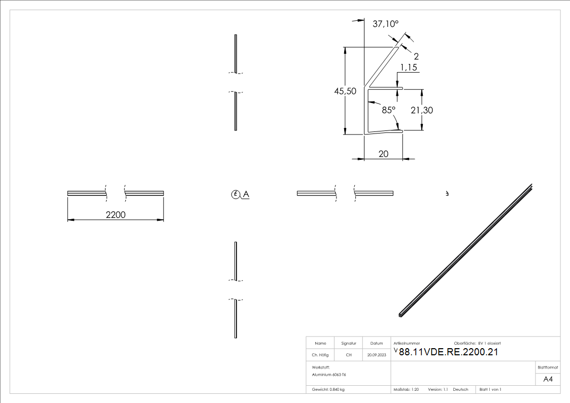 Regenrinne Aluminium fuer Glas 21-52 mm L = 2200 mm eloxiert E4-EV1-88-11VDE-RE-2200.21