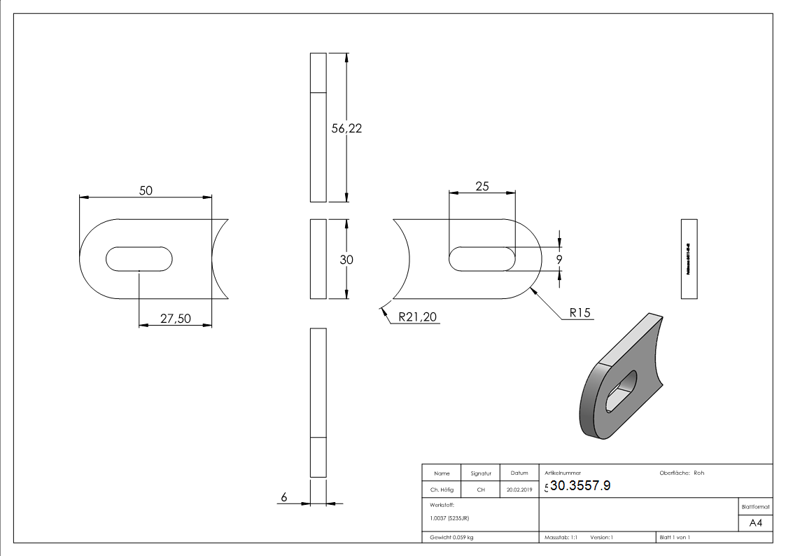 Anschweisslasche - Masse- 50x30x6 mm - Langloch- 25x9 mm - Anschluss- Ø 42-4mm - Stahl -roh- S235JR-30-3557.9