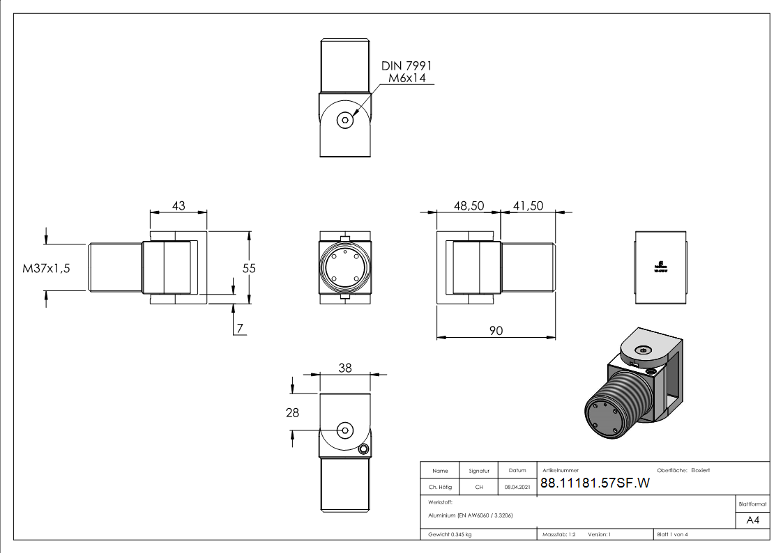 Torband selbstschliessend ohne Stopp schweissbar aus Aluminium ARTIKEL - 57 W-Anschweissversion-88-11181-57SF.W