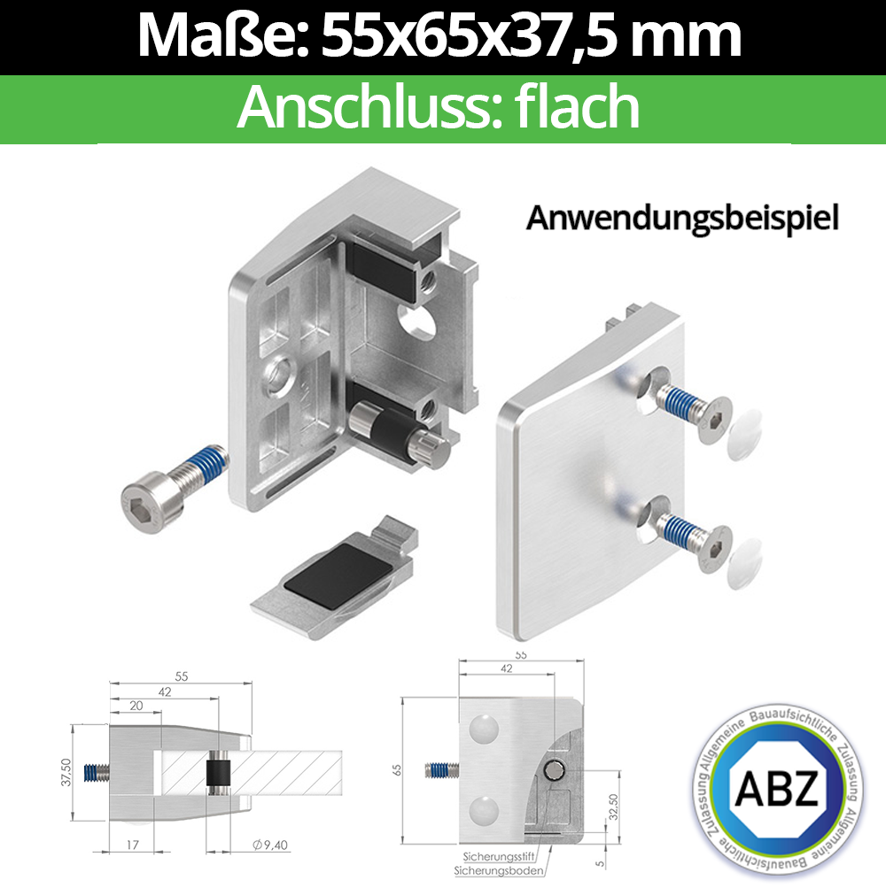 Glasklemme AbZ 55x65x37-5 mm  Flach- fuer 13-52 mm VSG Glas- Nein - Ohne Sicherungsstift- Nein - Ohne Sicherungsboden-10-MODELL35-1-15-1.1